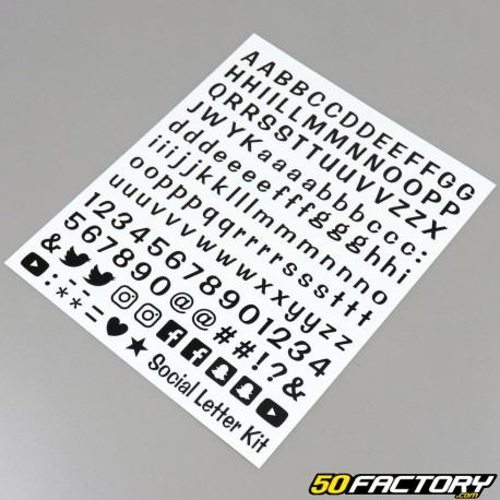 Stickers lettres, numéros et réseaux sociaux noirs (planche)