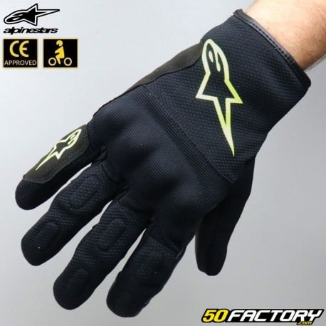 Gants street Alpinestars S Max Drystar homologués CE noirs et jaunes fluo