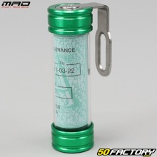 Green cylindrical insurance sticker holder Mad