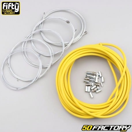Câbles et gaines de gaz, starter, décompresseur et freins MBK 51, Motobécane AV88, 89... Fifty jaunes (kit)
