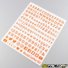 Stickers lettres, numéros et réseaux sociaux oranges fluo (planche)