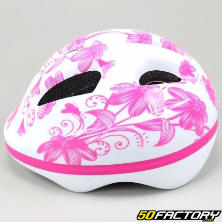 Casco de bicicleta infantil blanco y rosa.