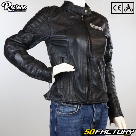 chaqueta de cuero de mujer Restone Agotadasrider Moto homologada CE negra