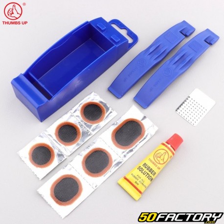 Kit di riparazione della camera d'aria della bicicletta (leve per pneumatici blu, toppe e colla) Pollice in alto