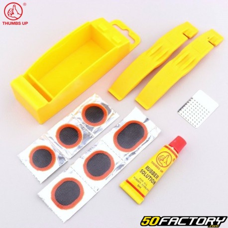 Kit de reparación de cámara de bicicleta (desmontadores de neumáticos amarillos, parches y pegamento) Thumbs Up