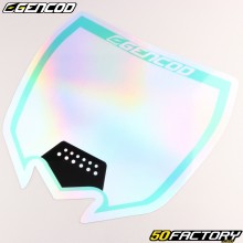 Tipico adesivo sulla piastra anteriore Yamaha YZ (2015-2021) Gencod bianco e turchese olografico